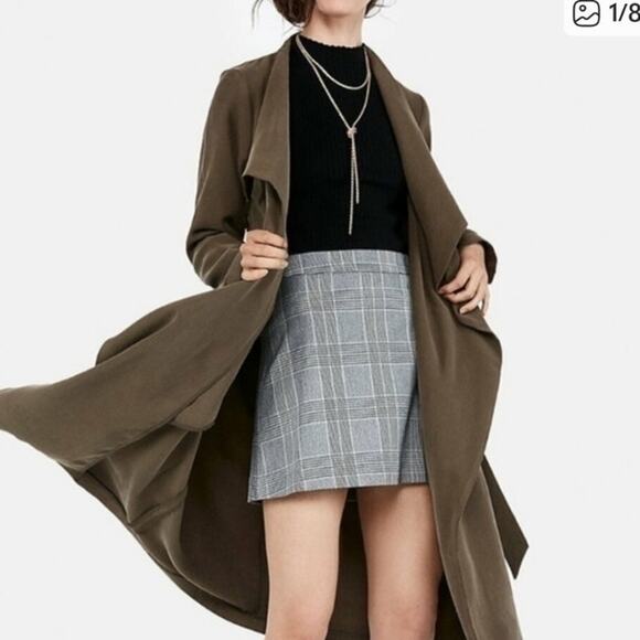 Express olive green zip pocket trench coat wrap mid length asymmetrical - Picture 1 of 9